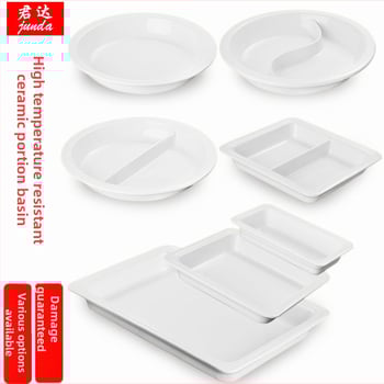 Portselani buffee soojendamise komplekt – ristkülikukujulised portsjonikausid ja apvalused keramist taldrikud hotellitoidulauale