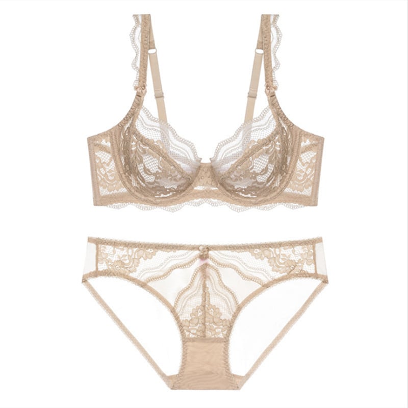 Set sutiene cupe 3/4, dantelă din nailon, cupe turnate ultra-subțiri, bretele fixe duble, respirabil și confortabil