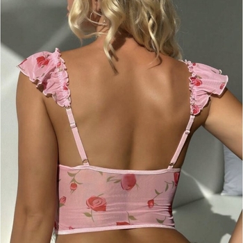 Top bustier wrap/tube, stil vestă, imprimeu floral din plasă, strâns, spate transparent, cupă completă, poliester