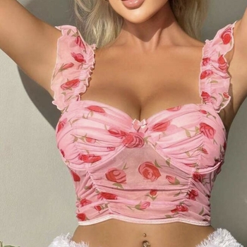 Top bustier wrap/tube, stil vestă, imprimeu floral din plasă, strâns, spate transparent, cupă completă, poliester