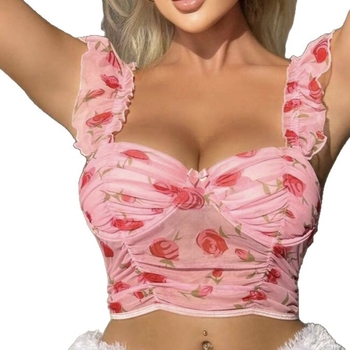 Top bustier wrap/tube, stil vestă, imprimeu floral din plasă, strâns, spate transparent, cupă completă, poliester