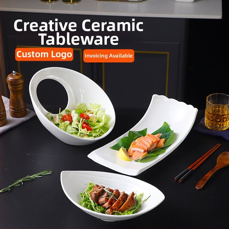 Farfurie ceramică, formă neregulată, culoare solidă, finisaj sub glazură, compatibil cu microunde, logo personalizabil, pentru hoteluri și restaurante