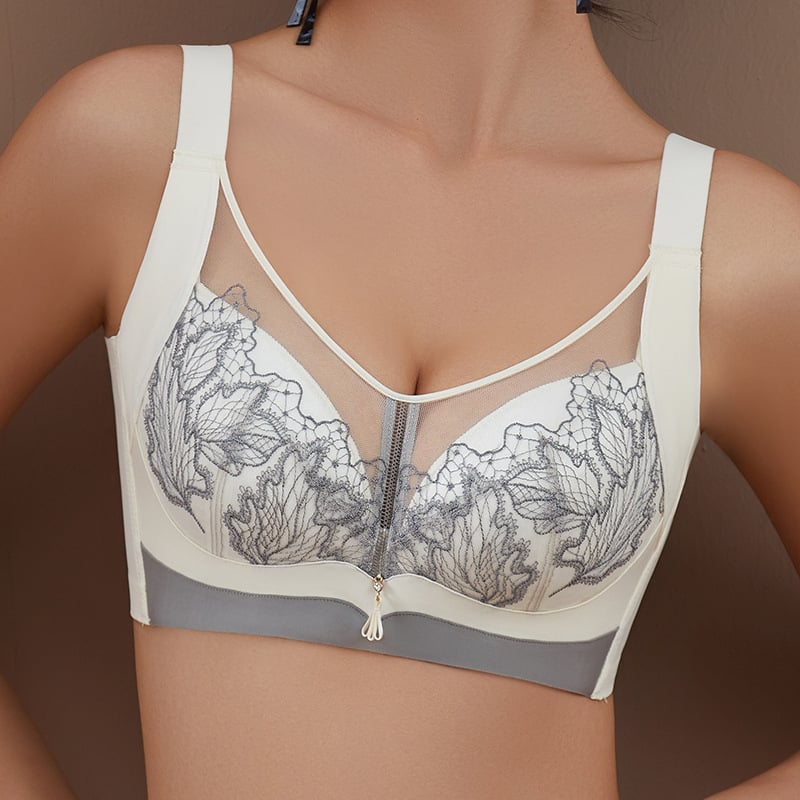 Sutien dantelat cu căptușeală modală (90–95%), cupă completă, cupe modelate subțiri, respirabil, bretele fixe, închidere din spate cu cinci rânduri de cârlige