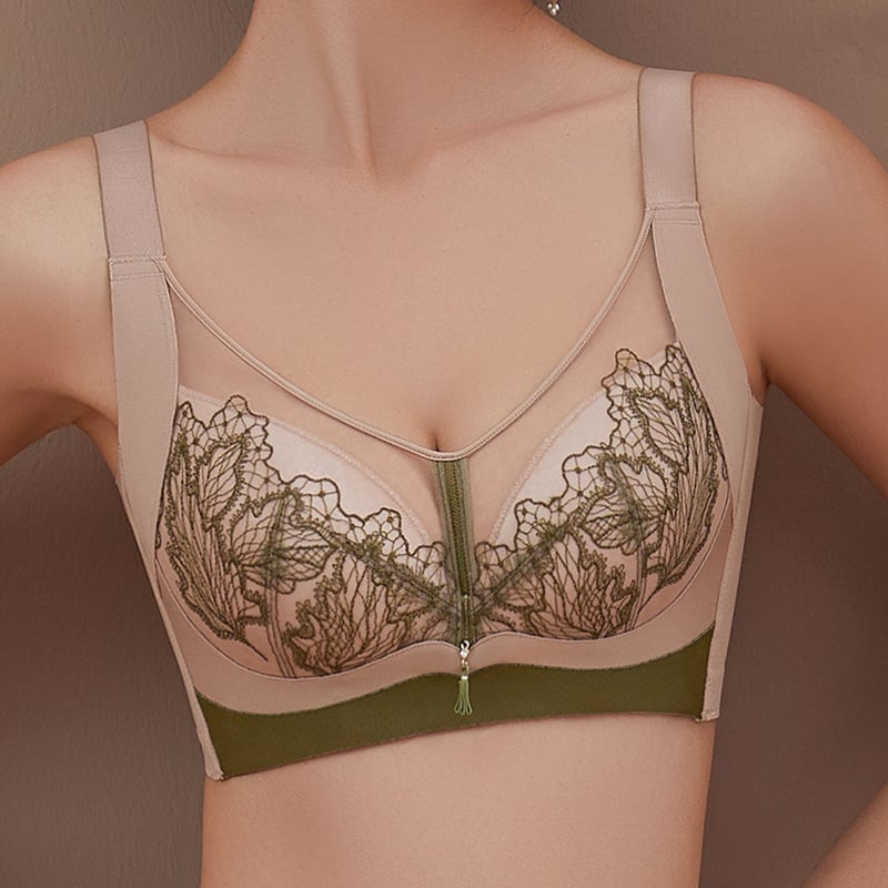 Sutien dantelat cu căptușeală modală (90–95%), cupă completă, cupe modelate subțiri, respirabil, bretele fixe, închidere din spate cu cinci rânduri de cârlige