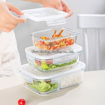 Стъклена кутия за обяд, правоъгълна, боросиликатно стъкло, микровълнова безопасна, 501-800 ml, запазва свежест