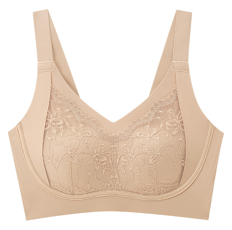 Sutien fără cusături din dantelă, cupe cu formă de urechi de iepure, cupe turnate ultra-subțiri, design pentru modestie, bretele fixe, închidere spate cu patru rânduri de cârlige
