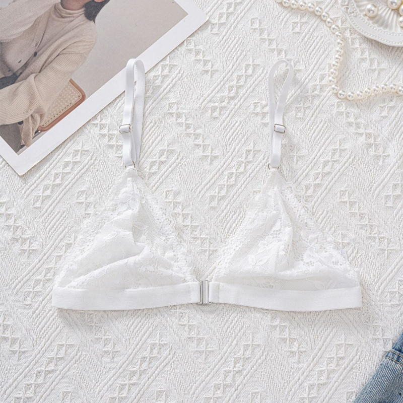 Bustier camisole fără sârmă, cu dantelă, închidere frontală, cupe triunghiulare fără burete, nylon material