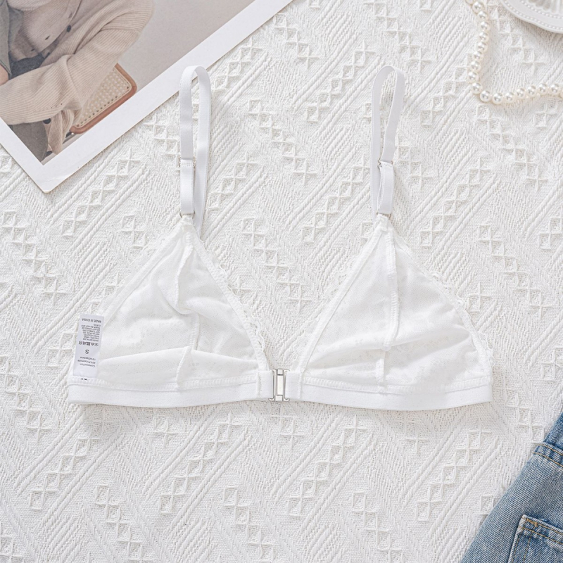 Bustier camisole fără sârmă, cu dantelă, închidere frontală, cupe triunghiulare fără burete, nylon material