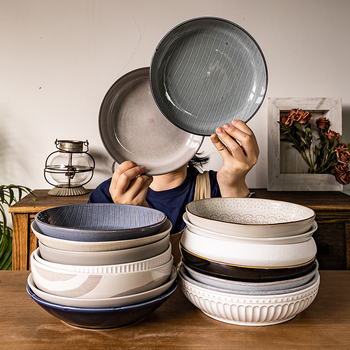 Farfurie adâncă din porțelan, rotundă, stil retro, potrivită pentru microunde, suprafață glazată