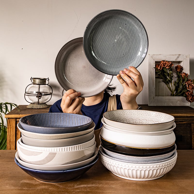 Farfurie adâncă din porțelan, rotundă, stil retro, potrivită pentru microunde, suprafață glazată