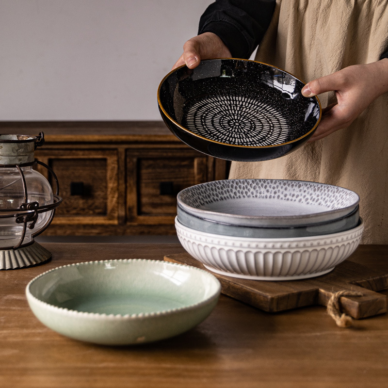 Farfurie adâncă din porțelan, rotundă, stil retro, potrivită pentru microunde, suprafață glazată