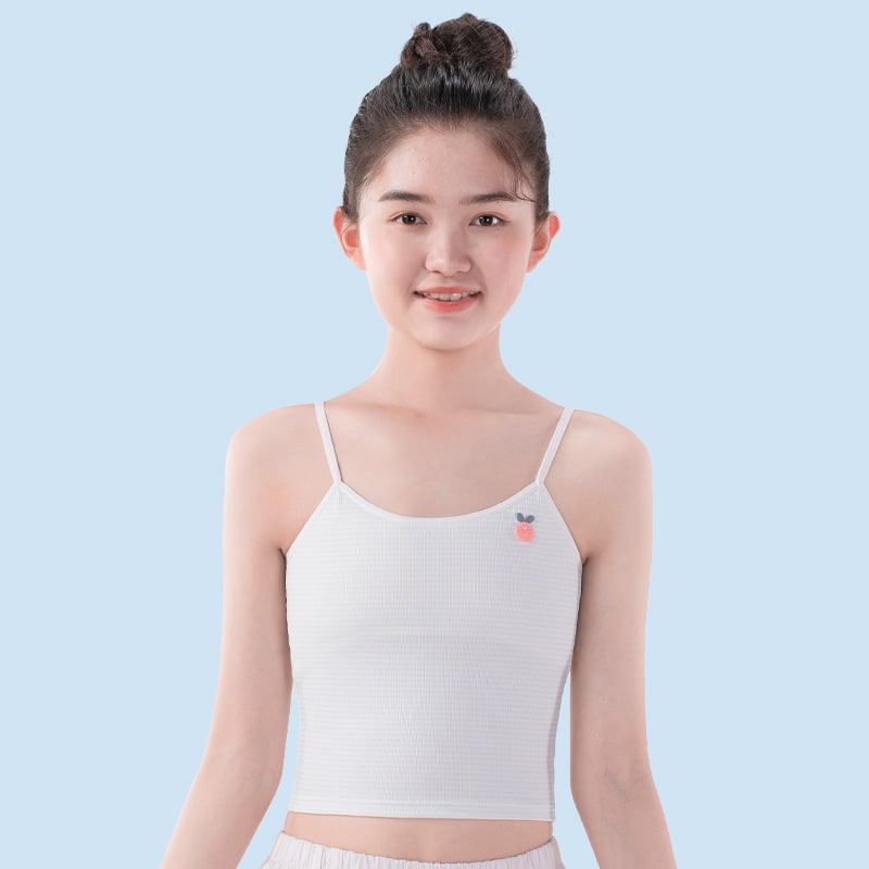 Sutien de antrenament pentru fete în faza de dezvoltare – bază poliester, cupă turnată completă cu căptușeală din bumbac, bretele fixe în două rânduri, respirabil și absorbant de transpirație