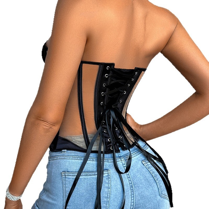 Francuski retro bustier s mrežom – ojačane kosti, duljina struka, tank top stil
