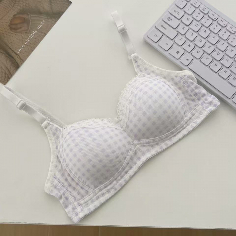 Čipkasti karirani bezšivni push-up grudnjak za male grudi, tanak, mek potpor, bez žice