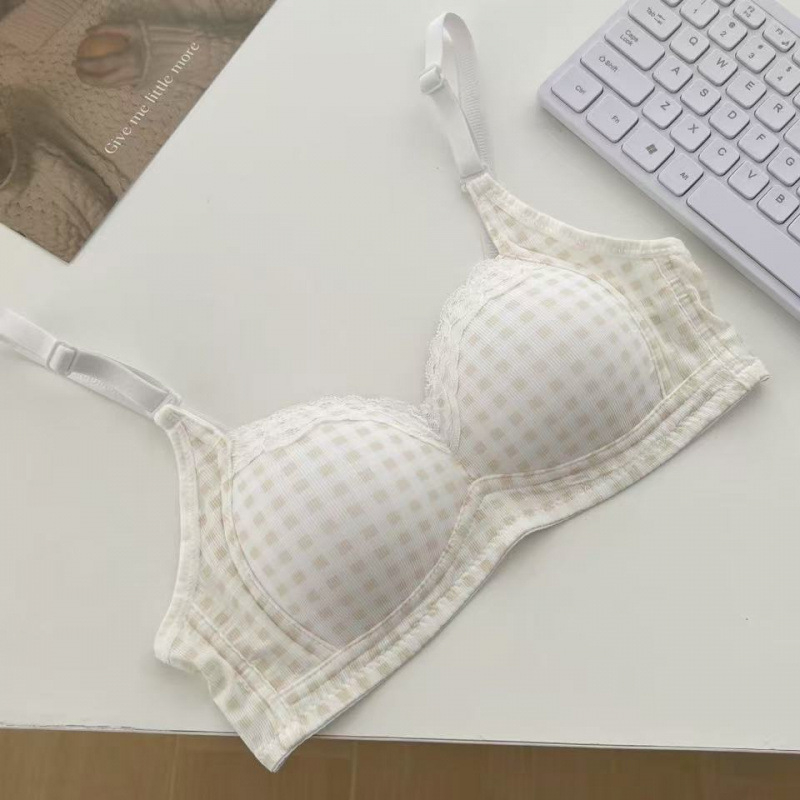 Čipkasti karirani bezšivni push-up grudnjak za male grudi, tanak, mek potpor, bez žice