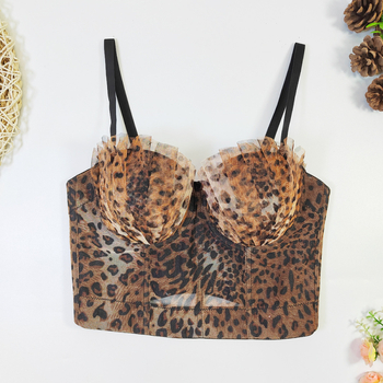 Čipkasti tube top s leopard printom, francuski dizajn, podesiv, oblikovanje tijela, bez leđa