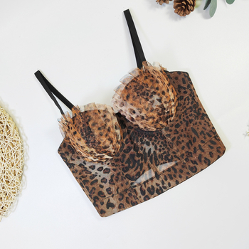 Čipkasti tube top s leopard printom, francuski dizajn, podesiv, oblikovanje tijela, bez leđa