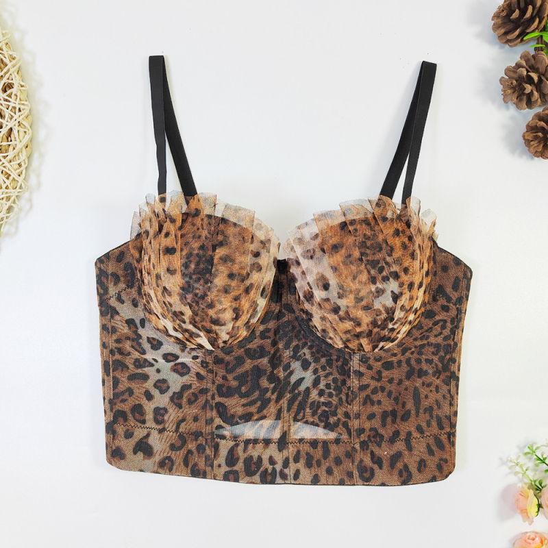 Čipkasti tube top s leopard printom, francuski dizajn, podesiv, oblikovanje tijela, bez leđa