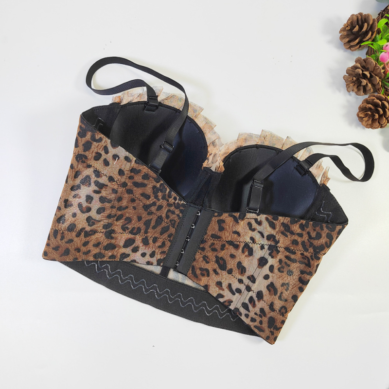 Čipkasti tube top s leopard printom, francuski dizajn, podesiv, oblikovanje tijela, bez leđa