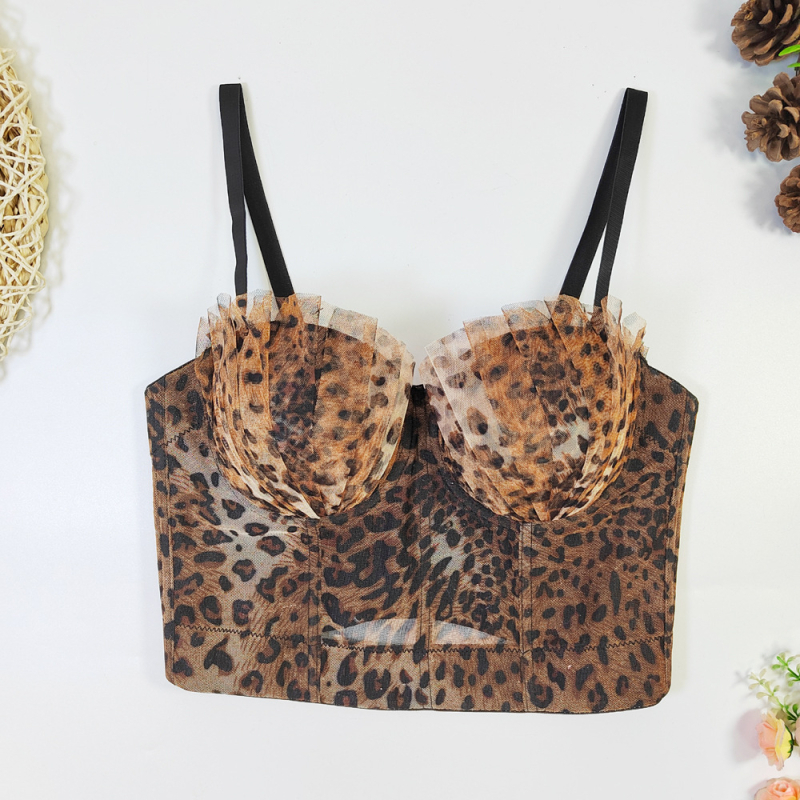 Čipkasti tube top s leopard printom, francuski dizajn, podesiv, oblikovanje tijela, bez leđa