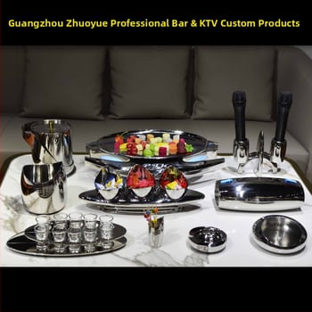 Roostevabast terasest hotellilaua komplekt – poleeritud pind, hiina stiil; baar/ööklubi tarvikud: puuviljaplaat, tuhatoos, jääämber