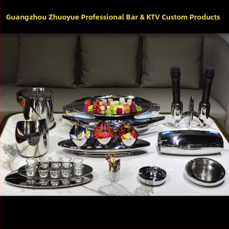 Roostevabast terasest hotellilaua komplekt – poleeritud pind, hiina stiil; baar/ööklubi tarvikud: puuviljaplaat, tuhatoos, jääämber