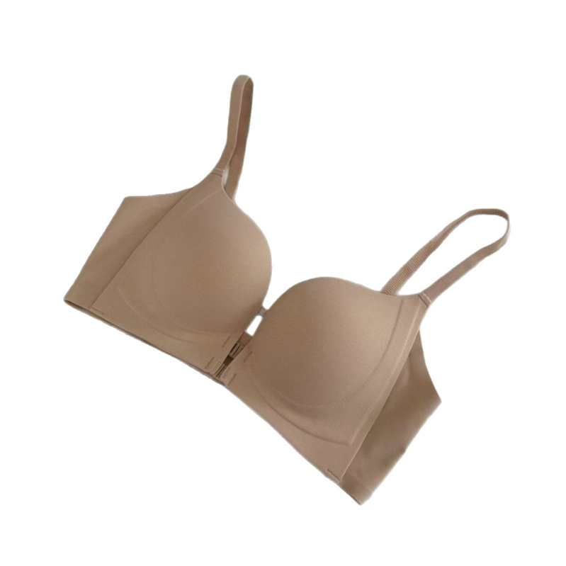 Sutien cu închidere frontală dublă, decolteu adânc în V, cupe 3/4, susținere laterală, material nylon, respirabil, fără cusături