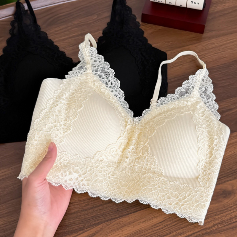 Bustier din dantelă fără cusături, push-up, top cu bretele fixe, cupe triunghi, poliester respirabil, spate frumos