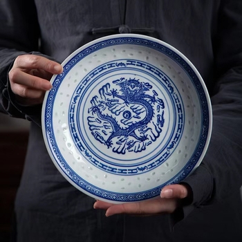 Porcelanski tanjur za serviranje Jingdezhen Linglong s motivom zmaja, okruglog oblika, za posluživanje i juhu, otporan na mikrovalnu pećnicu, prilagodljiv