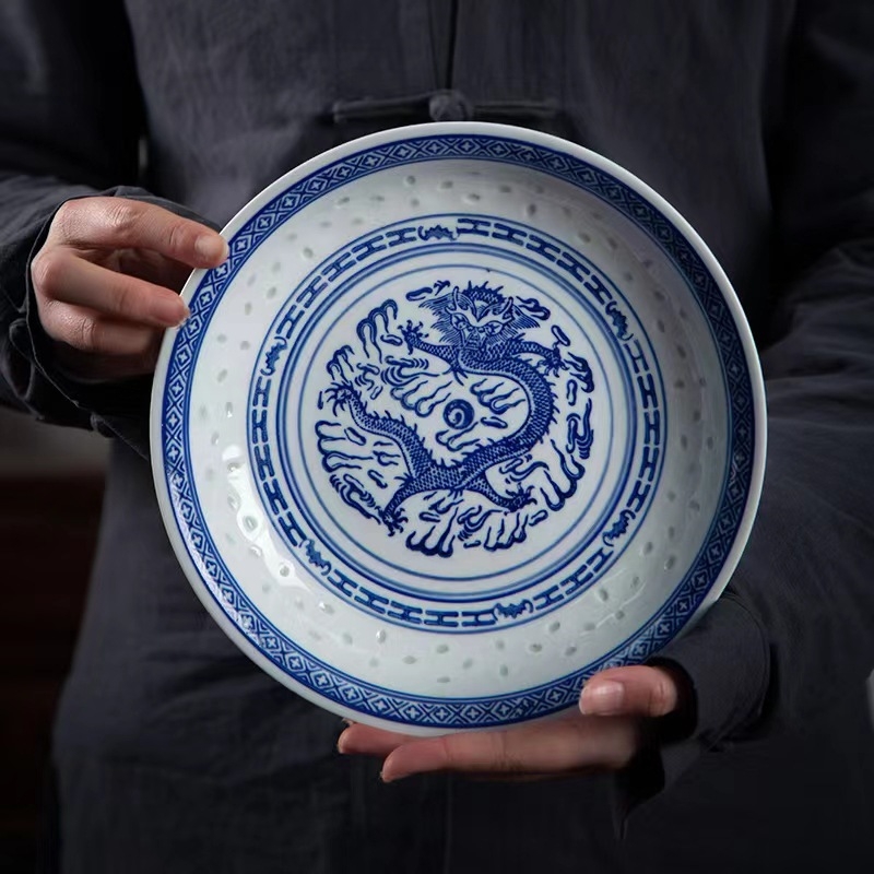 Porcelanski tanjur za serviranje Jingdezhen Linglong s motivom zmaja, okruglog oblika, za posluživanje i juhu, otporan na mikrovalnu pećnicu, prilagodljiv