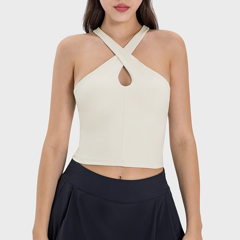 Sportinė liemenėlė su kryžminiu haltero dizainu, formuota pilno puodelio su įdėklu, seksuali nugara, nailono mišinys, tinka bėgiojimui ir treniruotėms