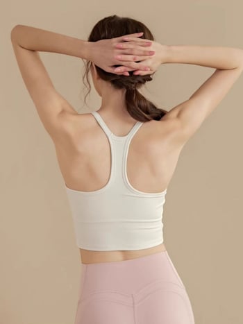 Moterų jogos sportinis viršelis su nugaros dizainu, poliesteris, pilni puodeliai, fiksuotos dvigubos petnešos, be plieninių žiedų