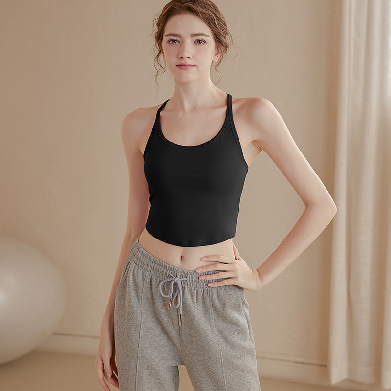 Moterų jogos sportinis viršelis su nugaros dizainu, poliesteris, pilni puodeliai, fiksuotos dvigubos petnešos, be plieninių žiedų