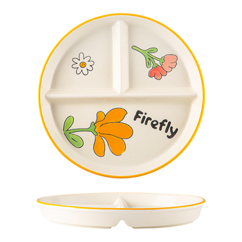 Farfurie ceramică cu trei compartimente pentru o singură persoană – model floral nordic sub glazură, stil japonez, rotund, compatibil cu microunde