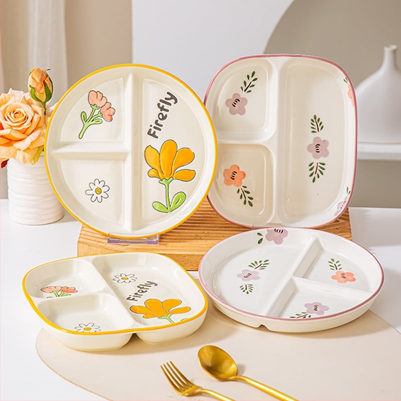 Farfurie ceramică cu trei compartimente pentru o singură persoană – model floral nordic sub glazură, stil japonez, rotund, compatibil cu microunde