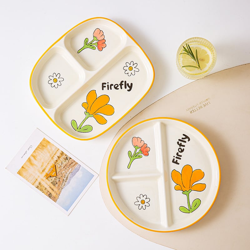 Farfurie ceramică cu trei compartimente pentru o singură persoană – model floral nordic sub glazură, stil japonez, rotund, compatibil cu microunde