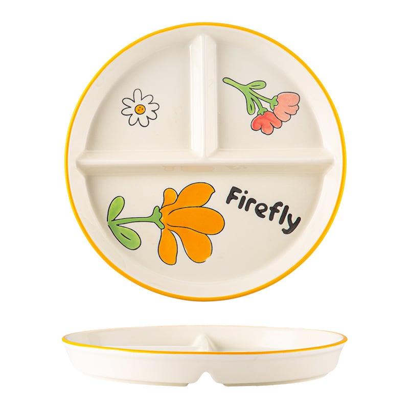 Farfurie ceramică cu trei compartimente pentru o singură persoană – model floral nordic sub glazură, stil japonez, rotund, compatibil cu microunde