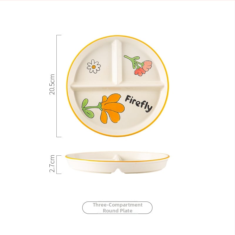 Farfurie ceramică cu trei compartimente pentru o singură persoană – model floral nordic sub glazură, stil japonez, rotund, compatibil cu microunde