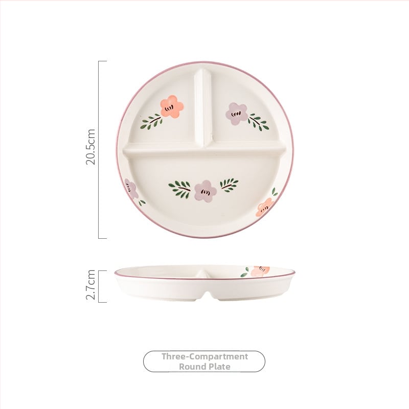 Farfurie ceramică cu trei compartimente pentru o singură persoană – model floral nordic sub glazură, stil japonez, rotund, compatibil cu microunde