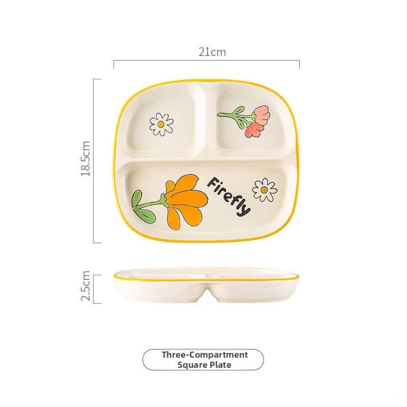 Farfurie ceramică cu trei compartimente pentru o singură persoană – model floral nordic sub glazură, stil japonez, rotund, compatibil cu microunde