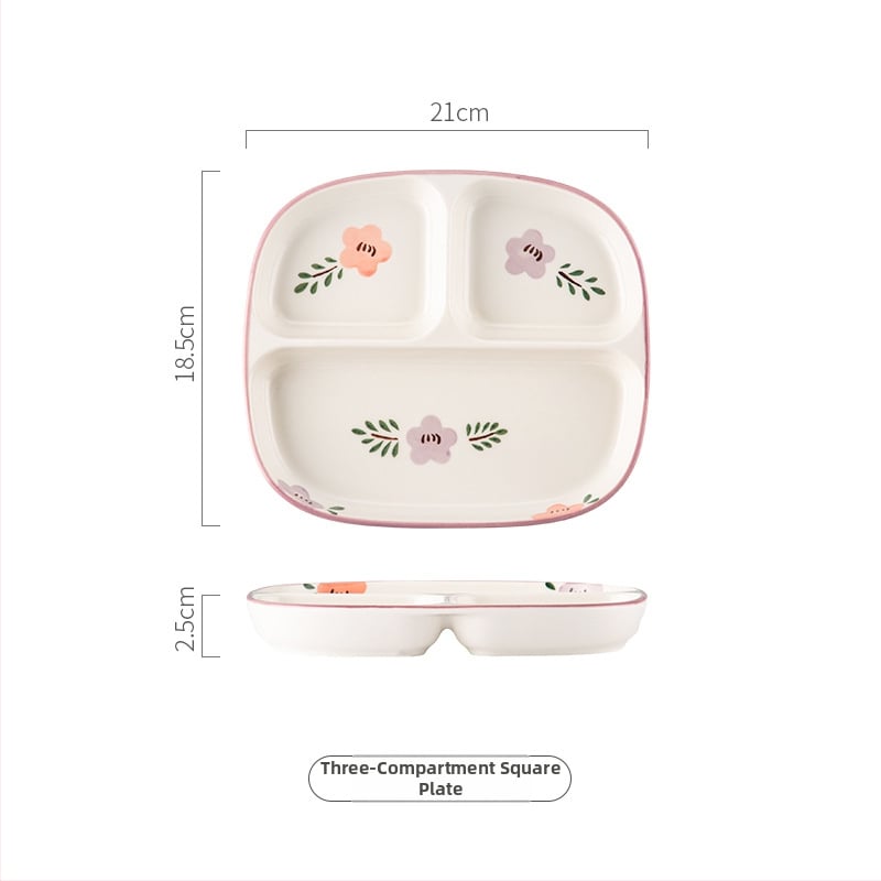 Farfurie ceramică cu trei compartimente pentru o singură persoană – model floral nordic sub glazură, stil japonez, rotund, compatibil cu microunde