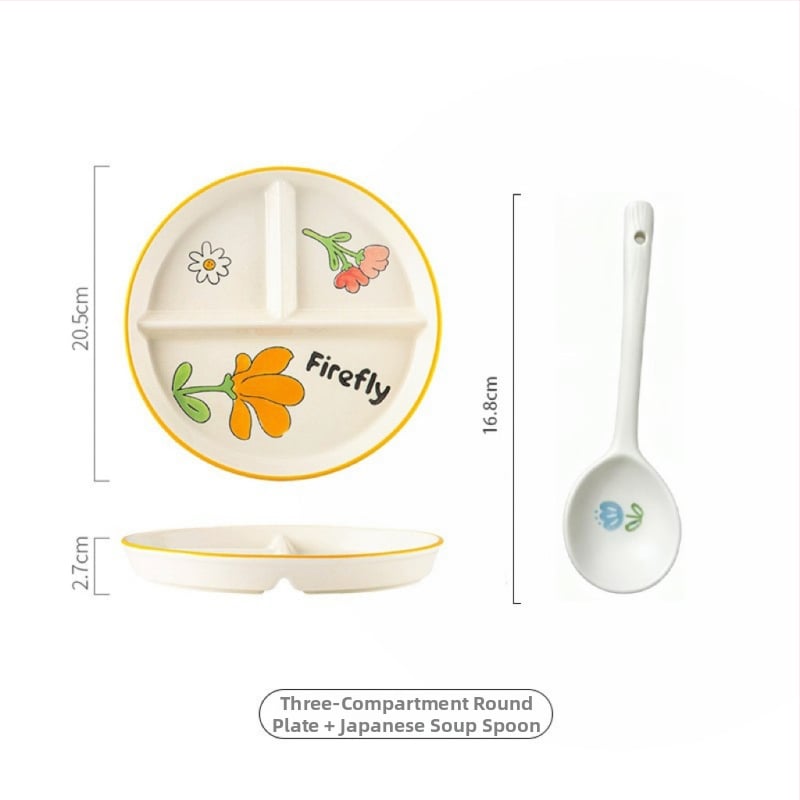 Farfurie ceramică cu trei compartimente pentru o singură persoană – model floral nordic sub glazură, stil japonez, rotund, compatibil cu microunde