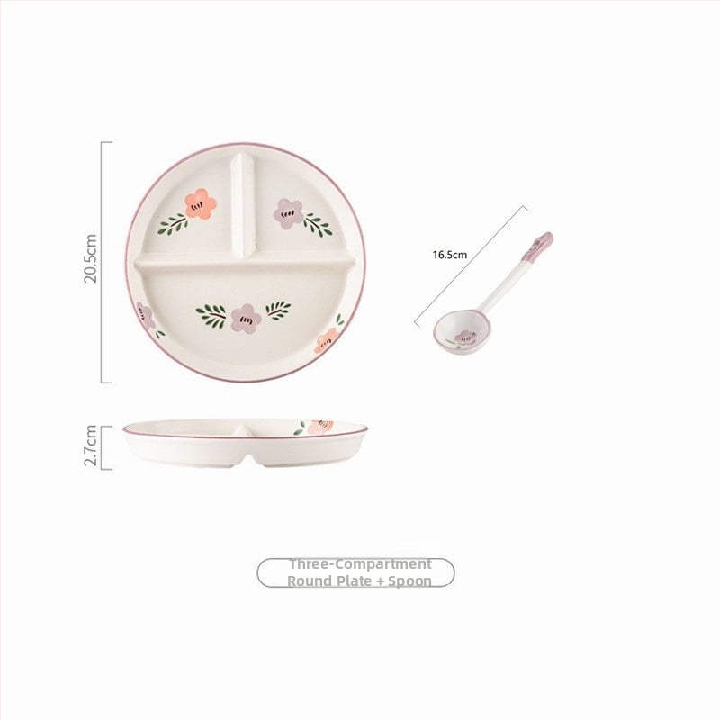 Farfurie ceramică cu trei compartimente pentru o singură persoană – model floral nordic sub glazură, stil japonez, rotund, compatibil cu microunde