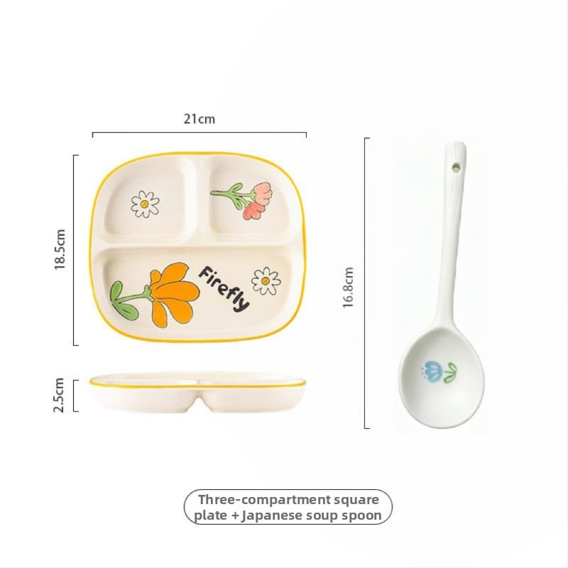 Farfurie ceramică cu trei compartimente pentru o singură persoană – model floral nordic sub glazură, stil japonez, rotund, compatibil cu microunde