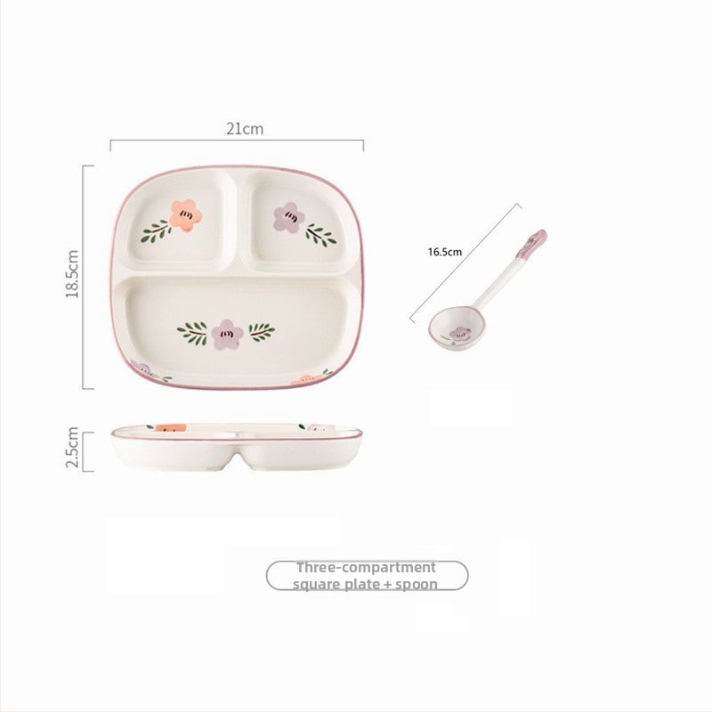 Farfurie ceramică cu trei compartimente pentru o singură persoană – model floral nordic sub glazură, stil japonez, rotund, compatibil cu microunde