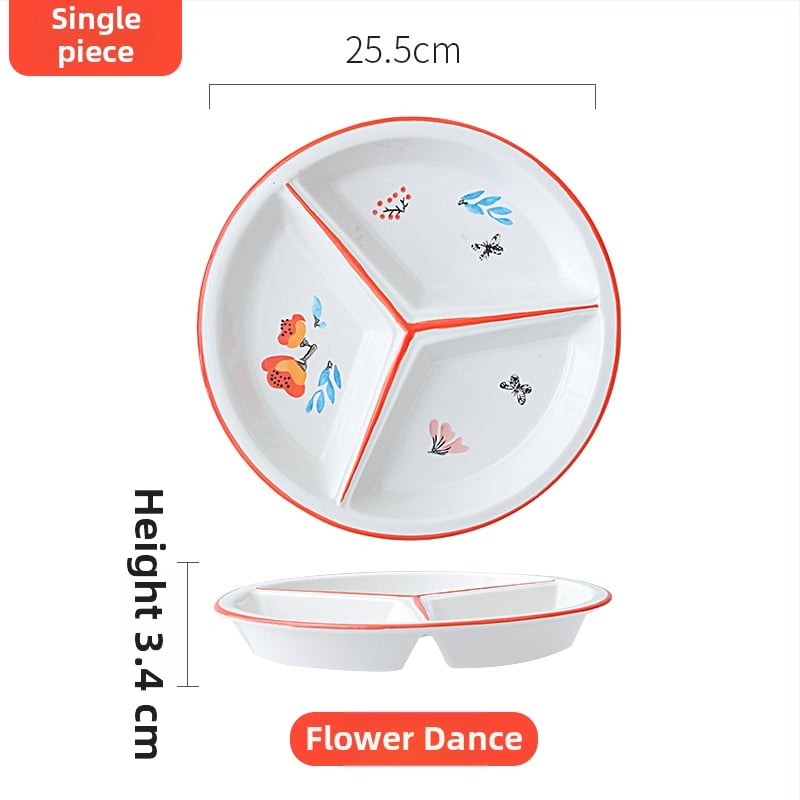 Farfurie ceramică cu trei compartimente pentru o singură persoană – model floral nordic sub glazură, stil japonez, rotund, compatibil cu microunde