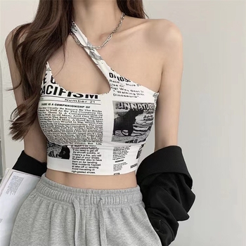 Ženski top Ice Silk s dijagonalnim naramenicama, print časopisa, otvoreni leđa, bez rukava