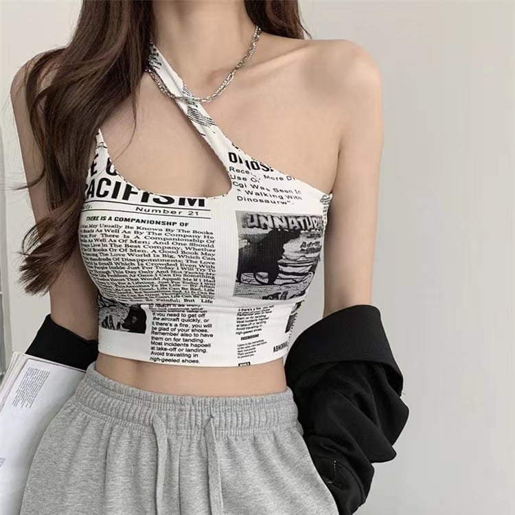 Ženski top Ice Silk s dijagonalnim naramenicama, print časopisa, otvoreni leđa, bez rukava