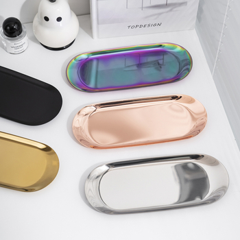 Tavă de depozitare din oțel inoxidabil, suport oval pentru cosmetice, design modern minimalist, finisaj electroplacat, personalizare logo
