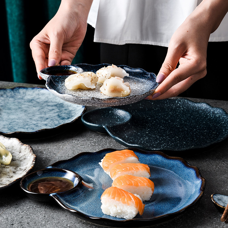 Light Luxury Retro Porcelanski tanjur za dumplings s octovim posudom, sektor oblik, mikrovalna sigurnost, otisak logotipa, mogućnost prilagodbe